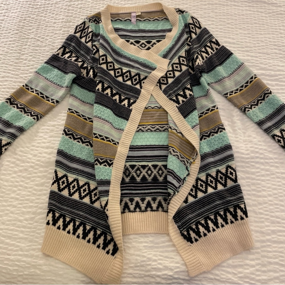 Alya Aztec Pattern Knit Long Cardigan Sweater Sz M Open Front